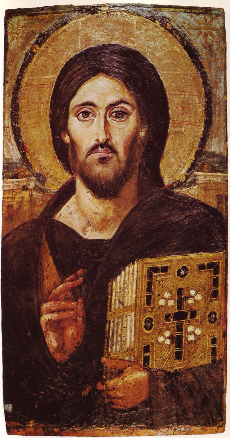 Sixth-century encaustic icon of Christ Pantocrator from Saint Catherine’s Monastery at Sinai, holding a jeweled Gospel book.