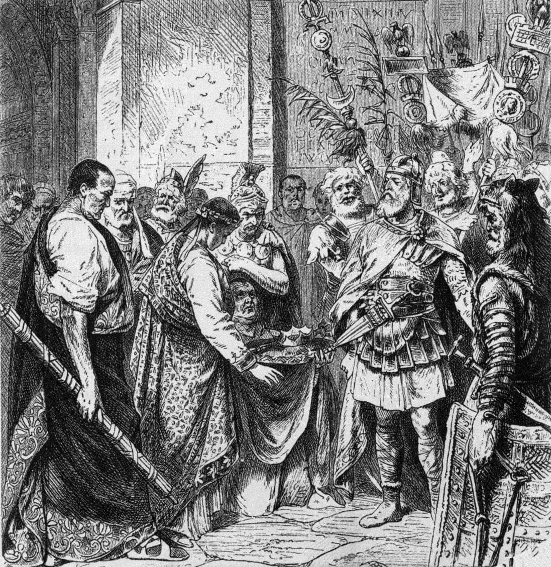 Nineteenth-century wood engraving of Romulus Augustulus surrendering the imperial insignia to Odoacer.