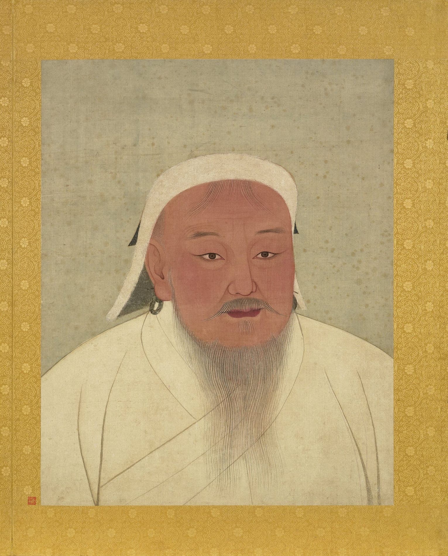 Yuan album portrait of Emperor Taizu, identified by its facing inscription as Chinggis Khan, in a white robe and gold silk border.