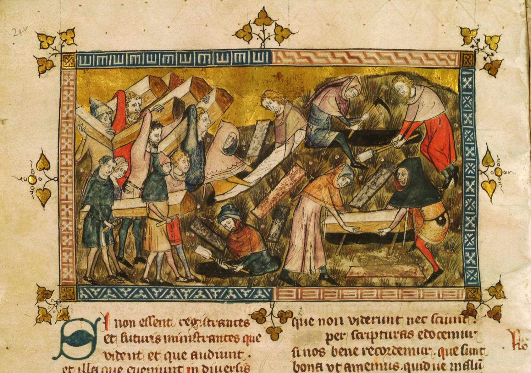 Medieval miniature of townspeople in Tournai carrying coffins and burying plague victims, on a manuscript page.