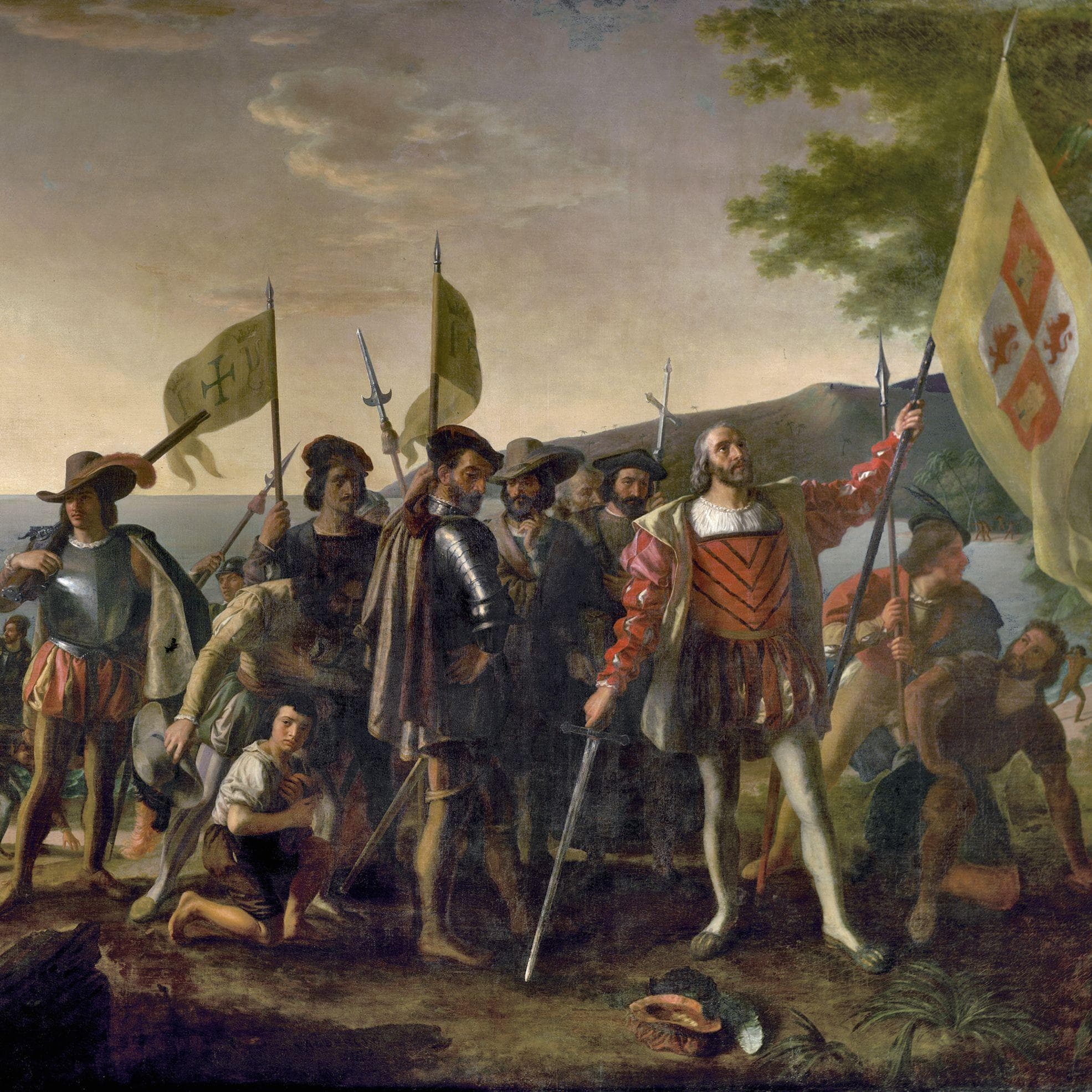Detail of John Vanderlyn’s 1847 painting Landing of Columbus, with Columbus and his crew on a shore holding Spanish banners.