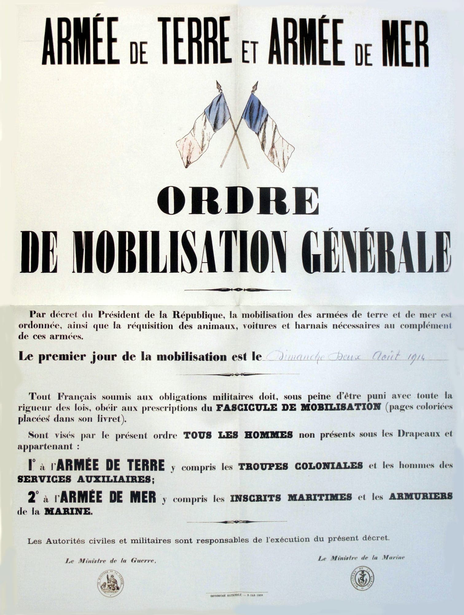 French general mobilization order of 2 August 1914, headed Armée de Terre et Armée de Mer.