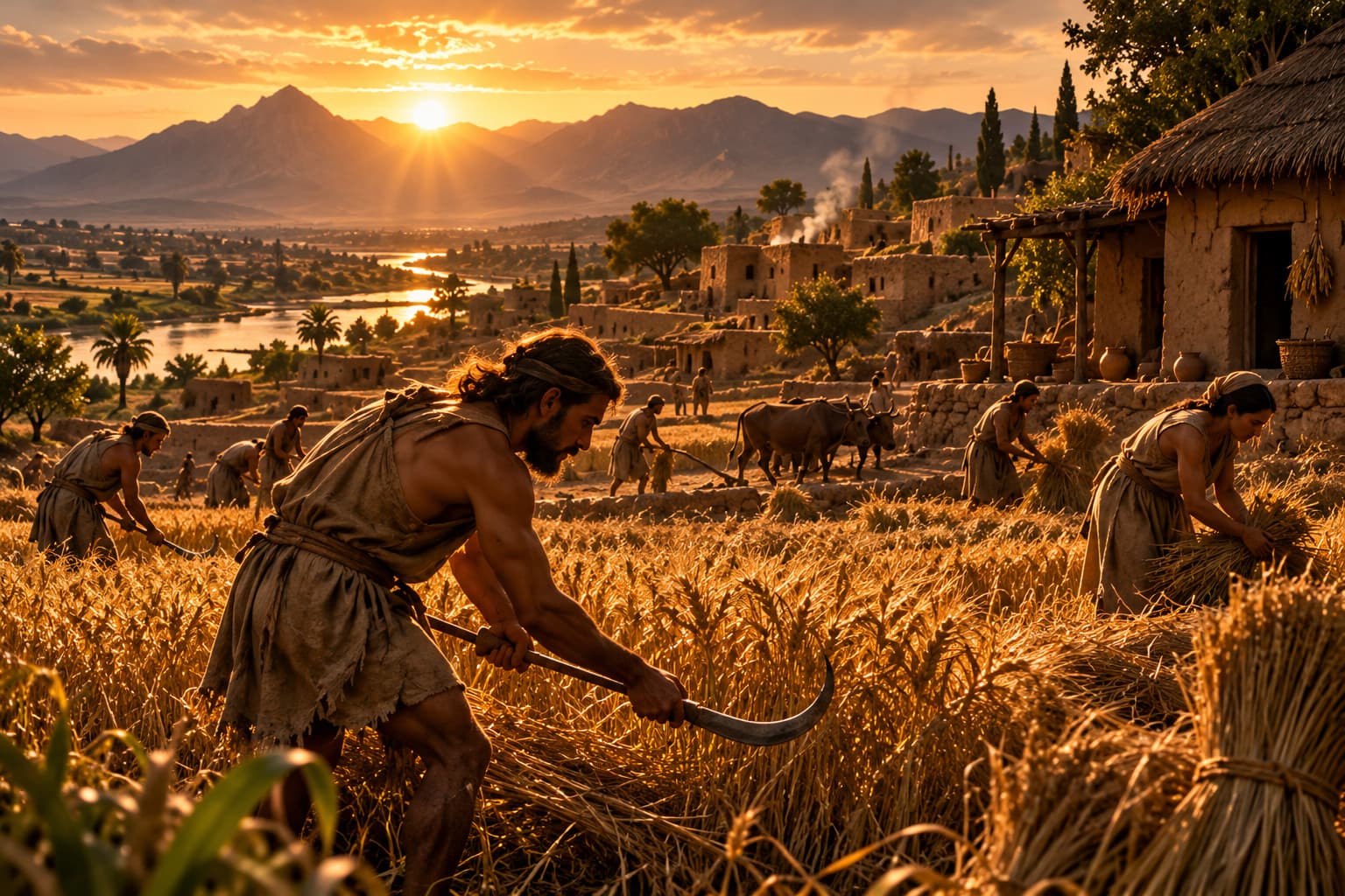 Illustration of an early farming village at sunrise: a man cuts ripe grain with a curved sickle in a golden field while others bundle sheaves, with cattle, mud-brick houses and a river valley behind them.