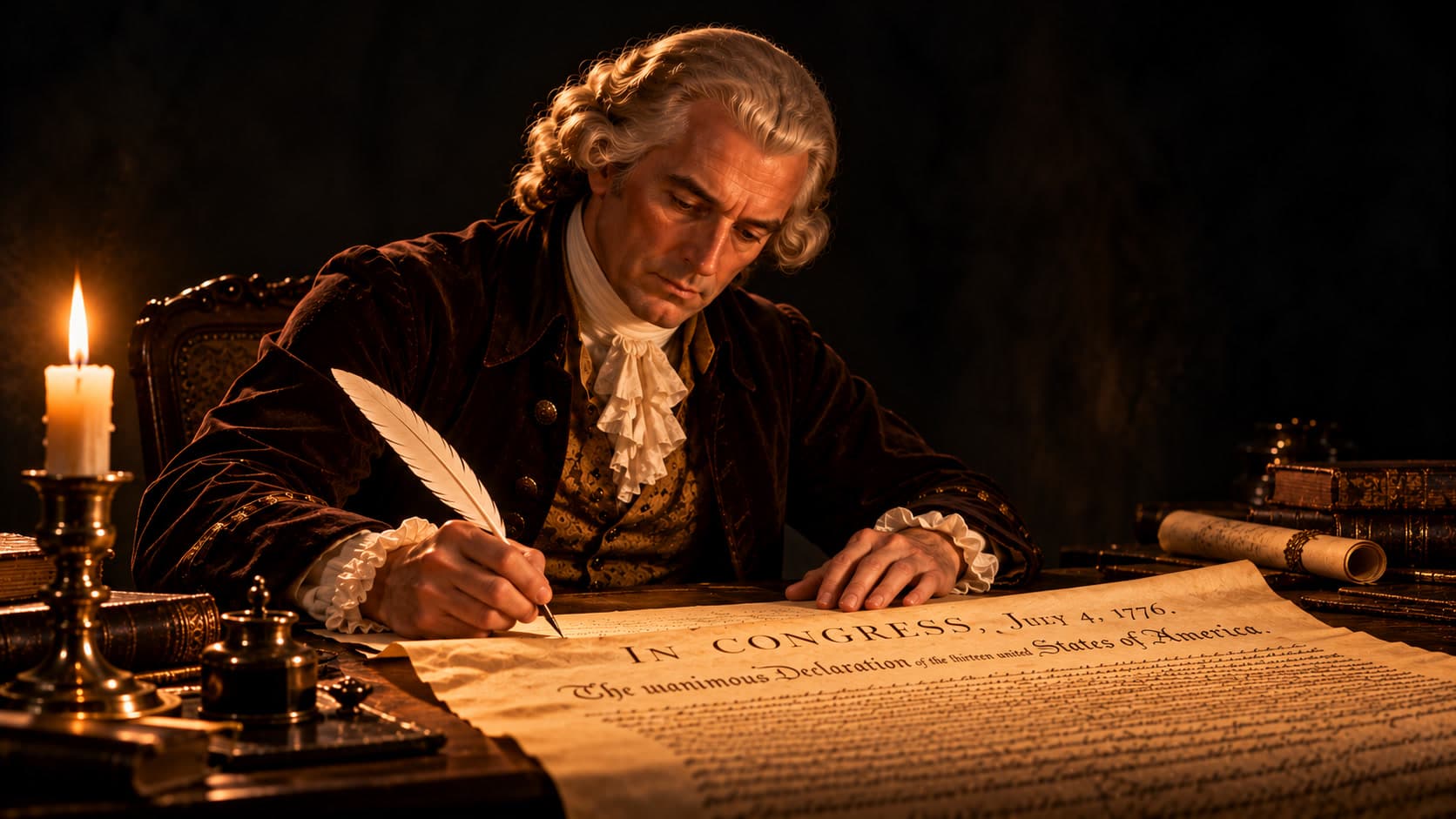 A man in a velvet coat and powdered wig writes with a quill on a large parchment lit by a candle in a dark room.