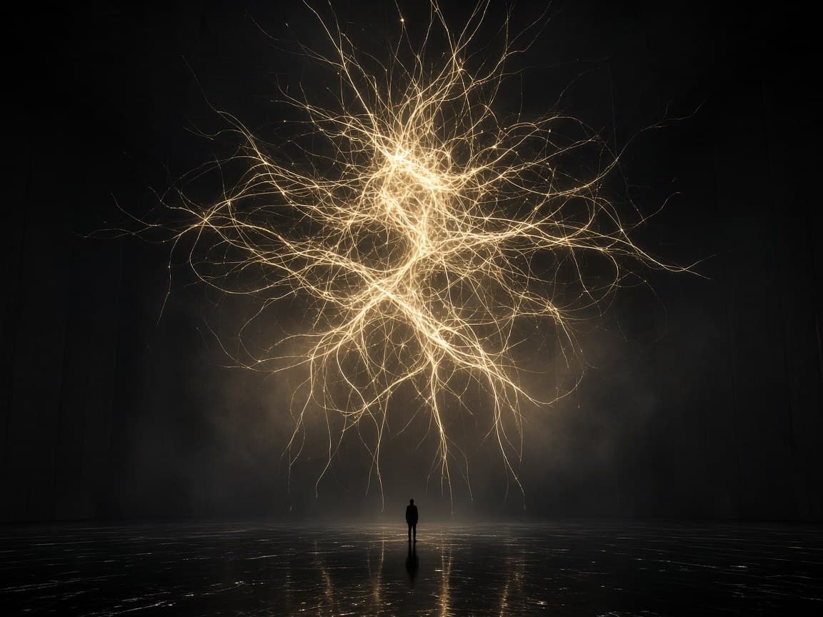 A lone figure stands in a dark hall beneath a vast lattice of fine golden light that branches like a mind, reflected on a black floor.