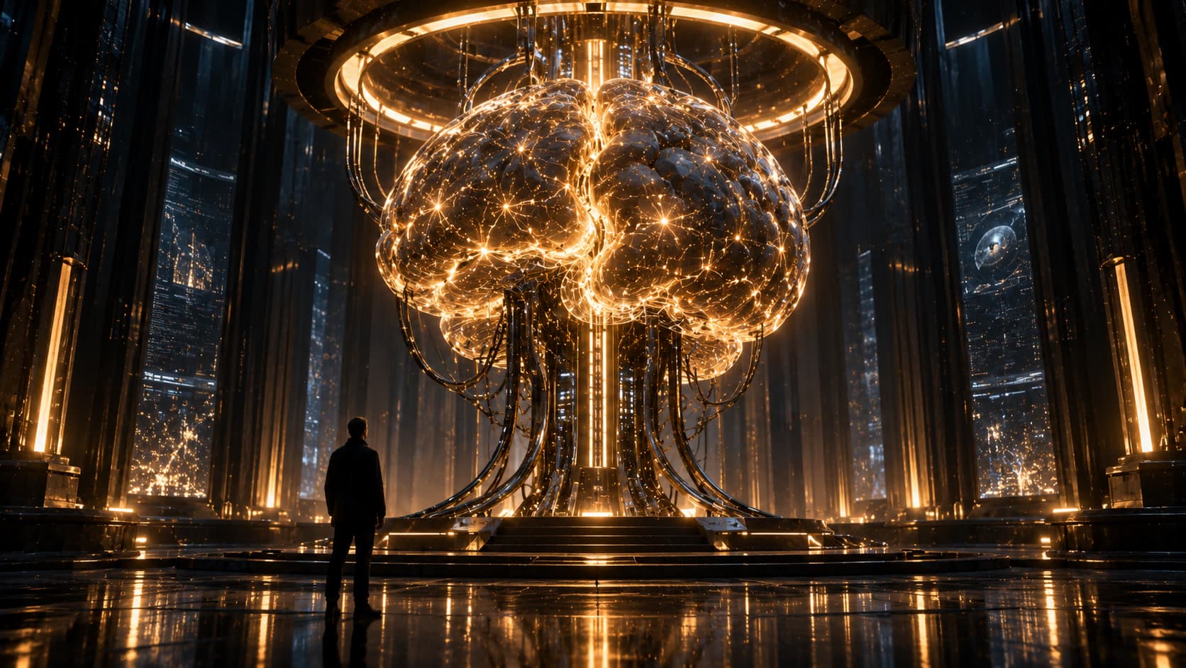 A lone figure stands in a dark hall before an enormous glowing golden artificial brain held up by cables.