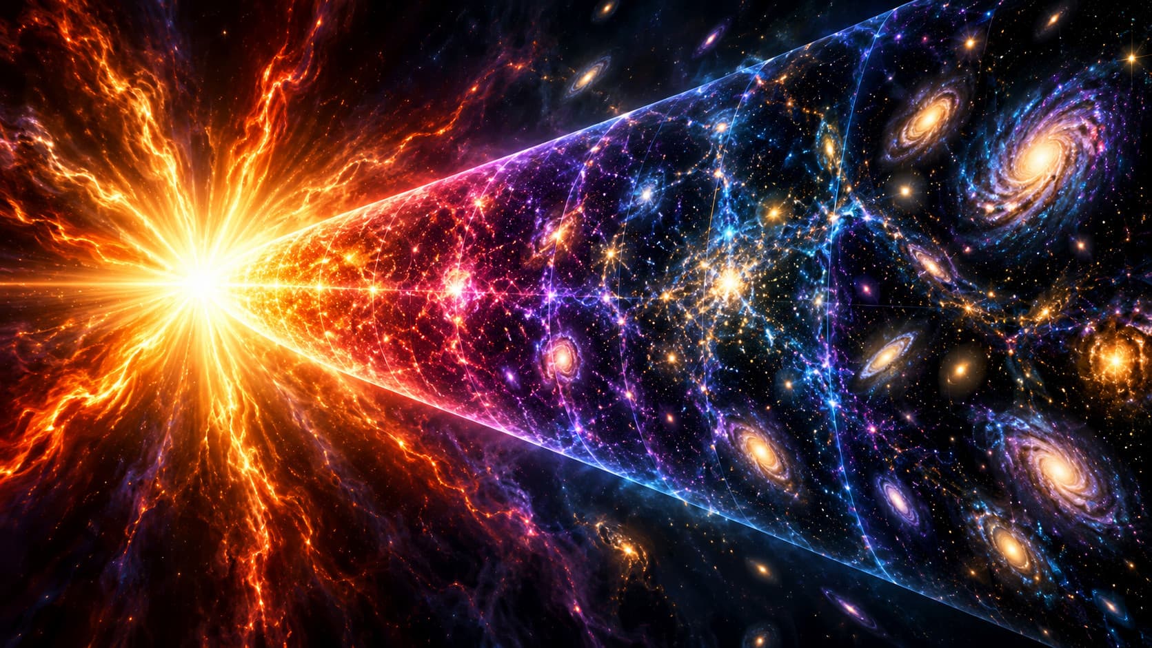 Cinematic illustration of the Big Bang: a blinding burst of light on the left throws fiery orange filaments outward and opens into a widening cone of glowing cosmic structure that shifts from orange through purple and blue into a field of galaxies on the right.