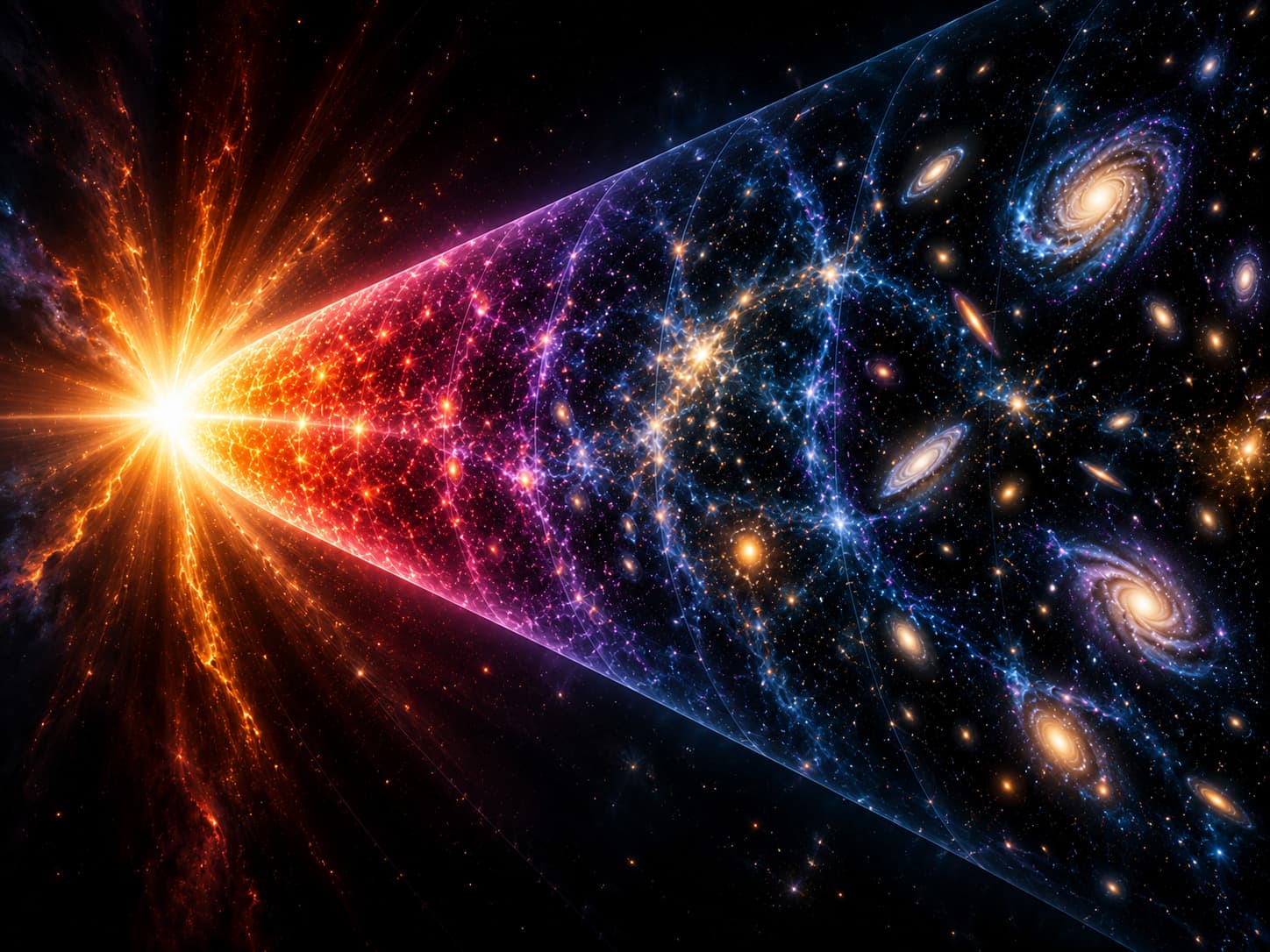 Cinematic illustration of the Big Bang: a blinding burst of light on the left opens into a widening cone of glowing cosmic structure that grows from fiery orange through purple and blue into a field of galaxies on the right.