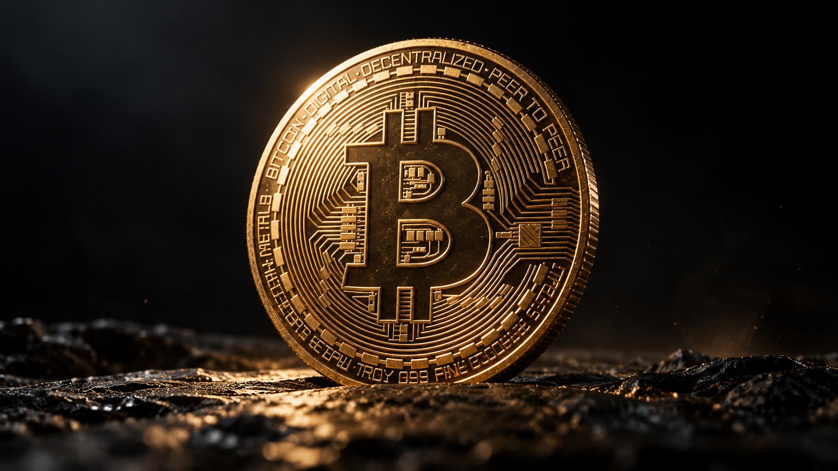 A single golden Bitcoin coin stands on dark rock against a black background.