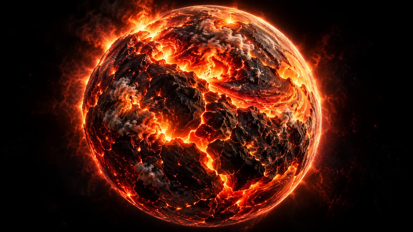Illustration of the young Earth as a glowing molten sphere on black, its dark crust broken by bright orange lava, with flames and smoke rising from its edge.