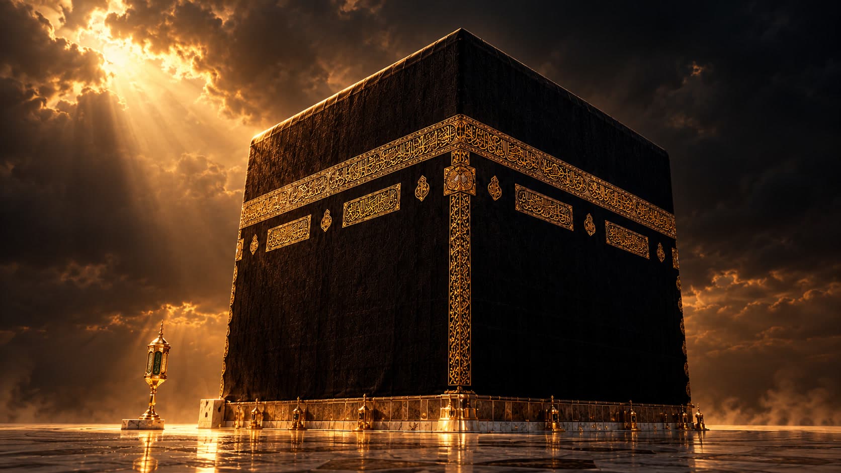 The Kaaba, a cube-shaped black building with a golden band, stands in a shaft of golden light under a stormy sky. No people are shown.
