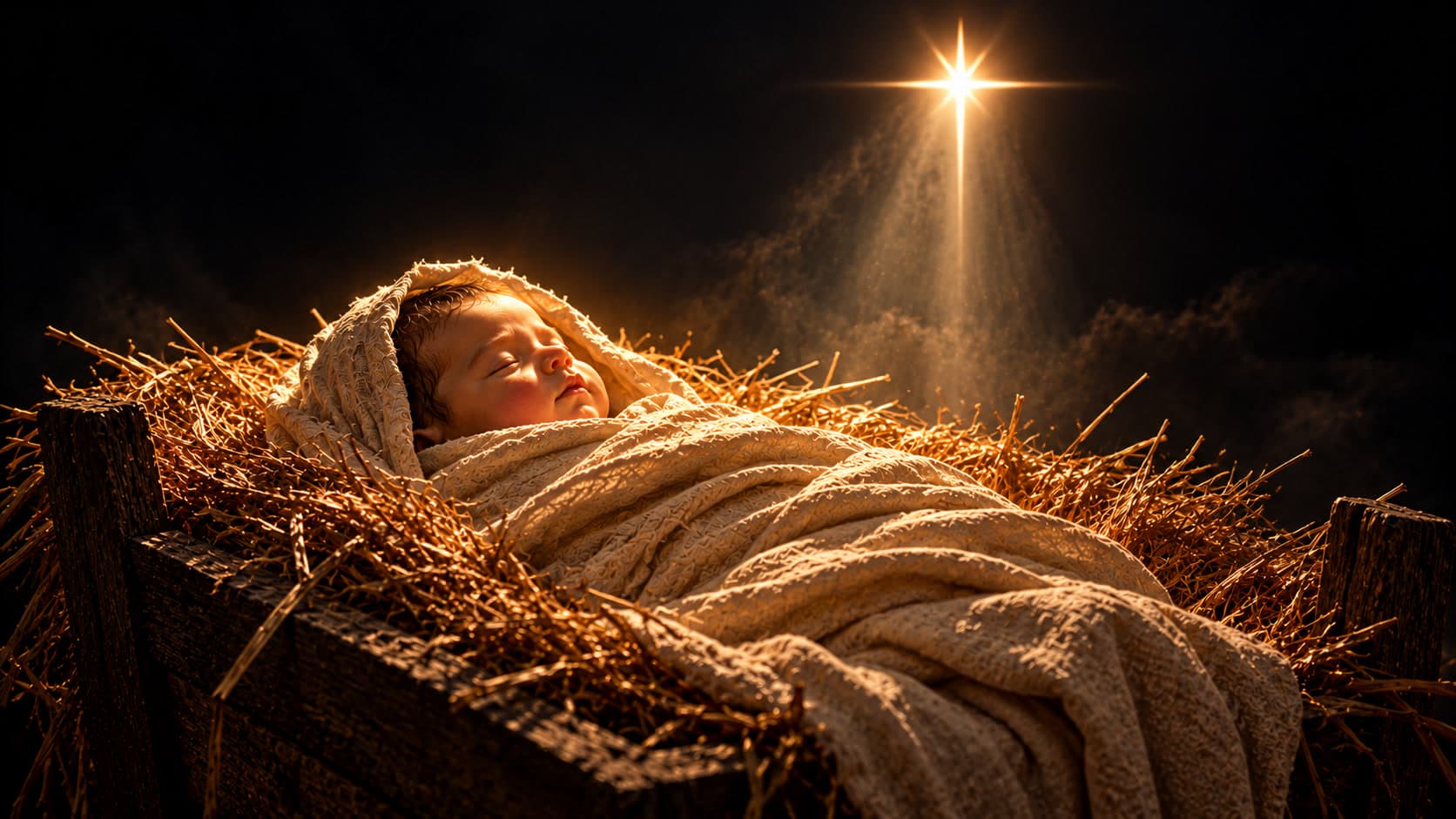 A newborn child wrapped in cloth sleeps in a straw-filled manger while a bright star shines in a dark sky above.