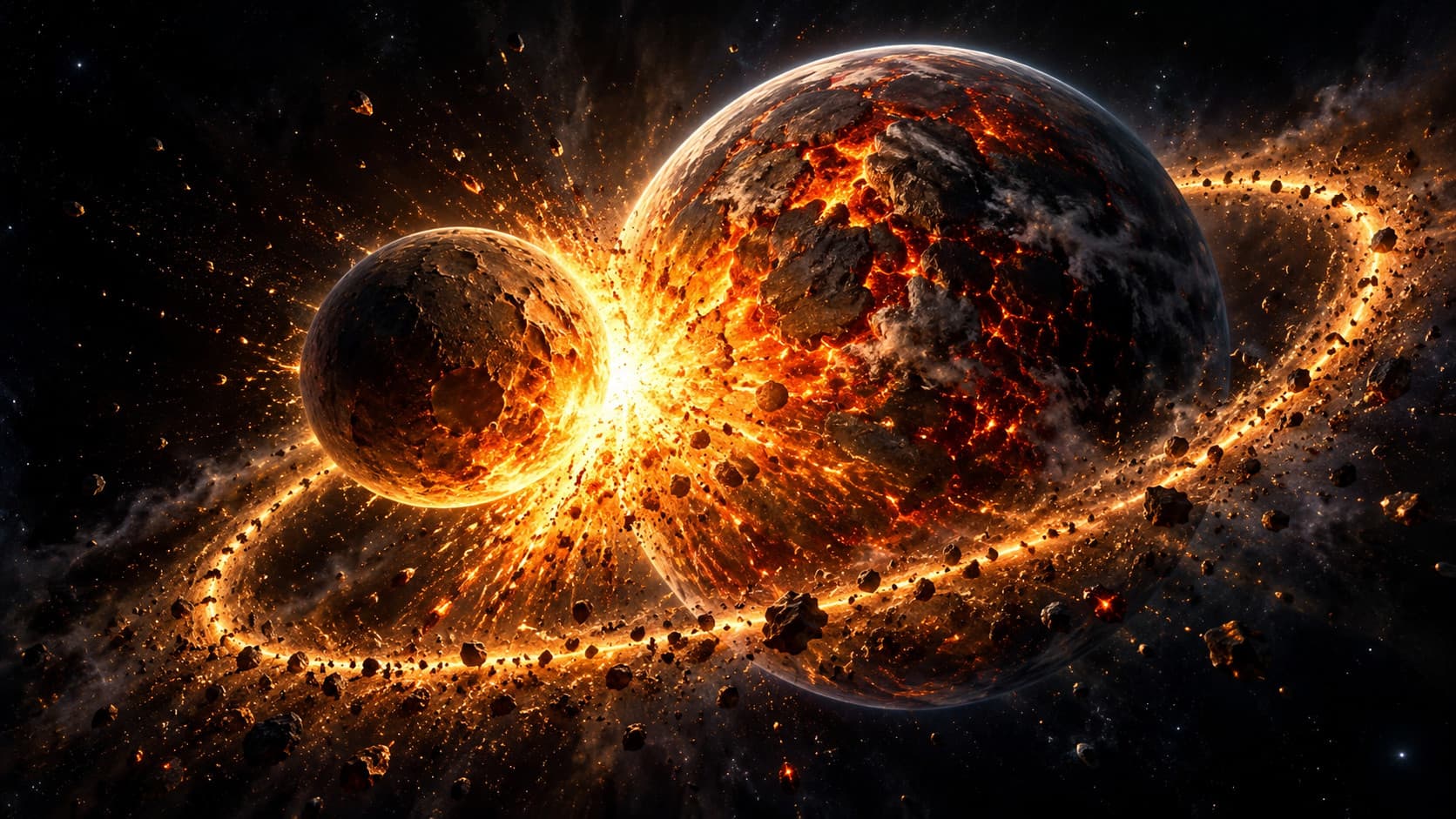 Illustration of the giant impact: a smaller, cratered planet on the left strikes a molten young Earth on the right, throwing out a bright burst of debris that forms a glowing ring around both.