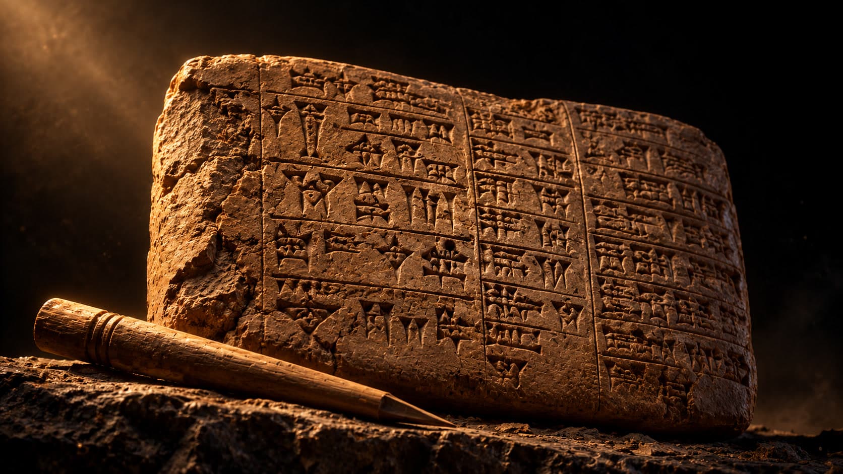 A clay tablet covered in cuneiform-style script rests on a rocky ledge beside a reed stylus, lit warmly against a dark background.