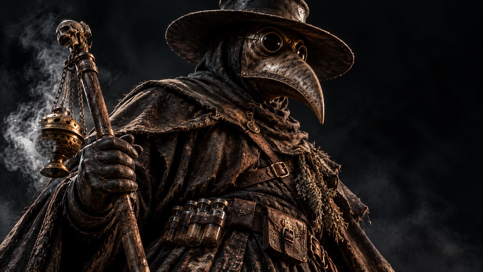 A plague doctor in a wide hat and a beaked mask holds a staff and a smoking censer against a dark, smoky sky.
