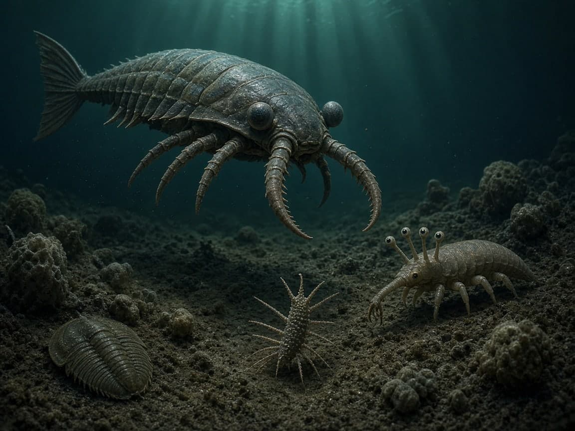 Illustration of a Cambrian seabed: a large Anomalocaris with grasping appendages swims above the sediment, while an Opabinia with five stalked eyes, a spiny Hallucigenia and a trilobite rest below in green light from the surface.