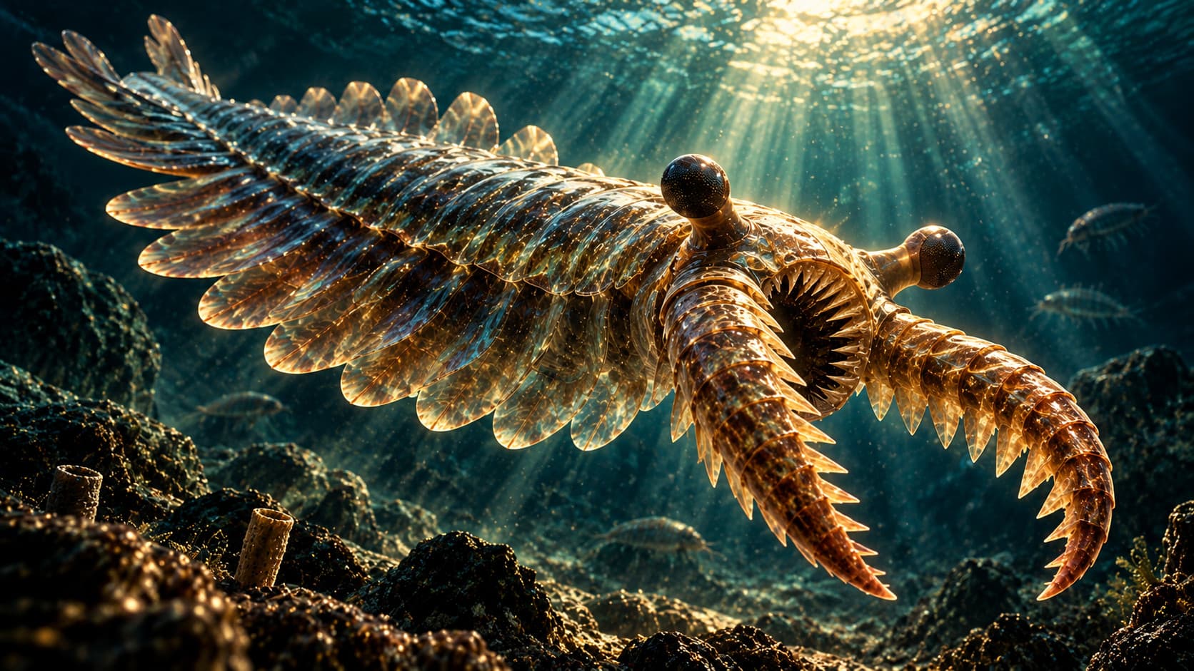 Illustration of a Cambrian seabed: a large Anomalocaris with grasping appendages and a fringe of swimming flaps glides through green light from the surface, with smaller animals in the water behind it and rock and tube-shaped sponges on the sea floor.