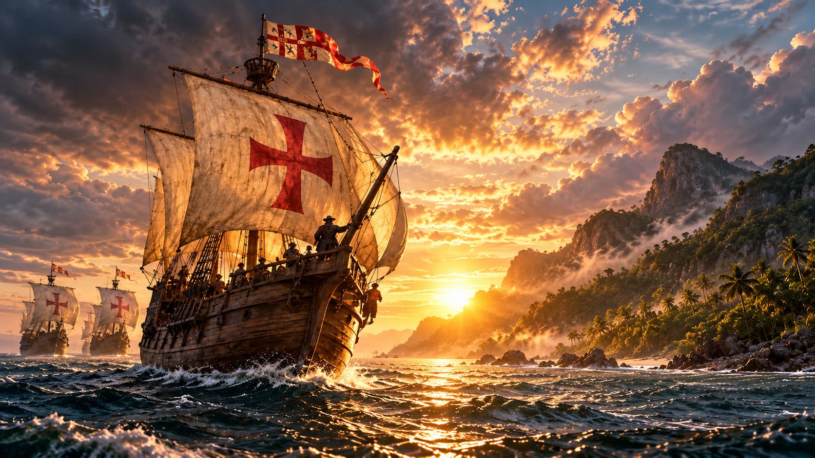 A caravel with a red cross on its sails sails toward a tropical coast under a golden sunset, with two more ships behind it.