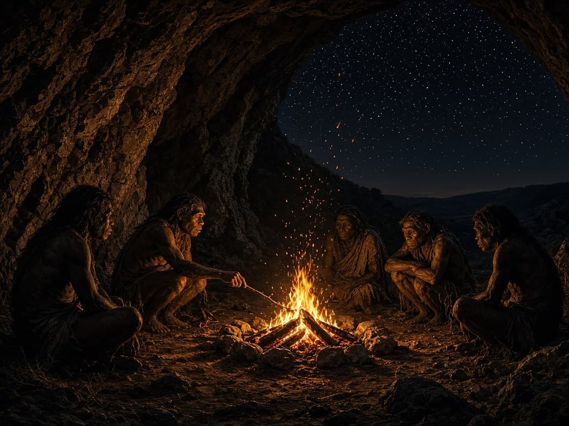 Illustration of five early humans crouched around a campfire at the mouth of a cave at night, one feeding the fire with a stick while sparks rise toward a starry sky.