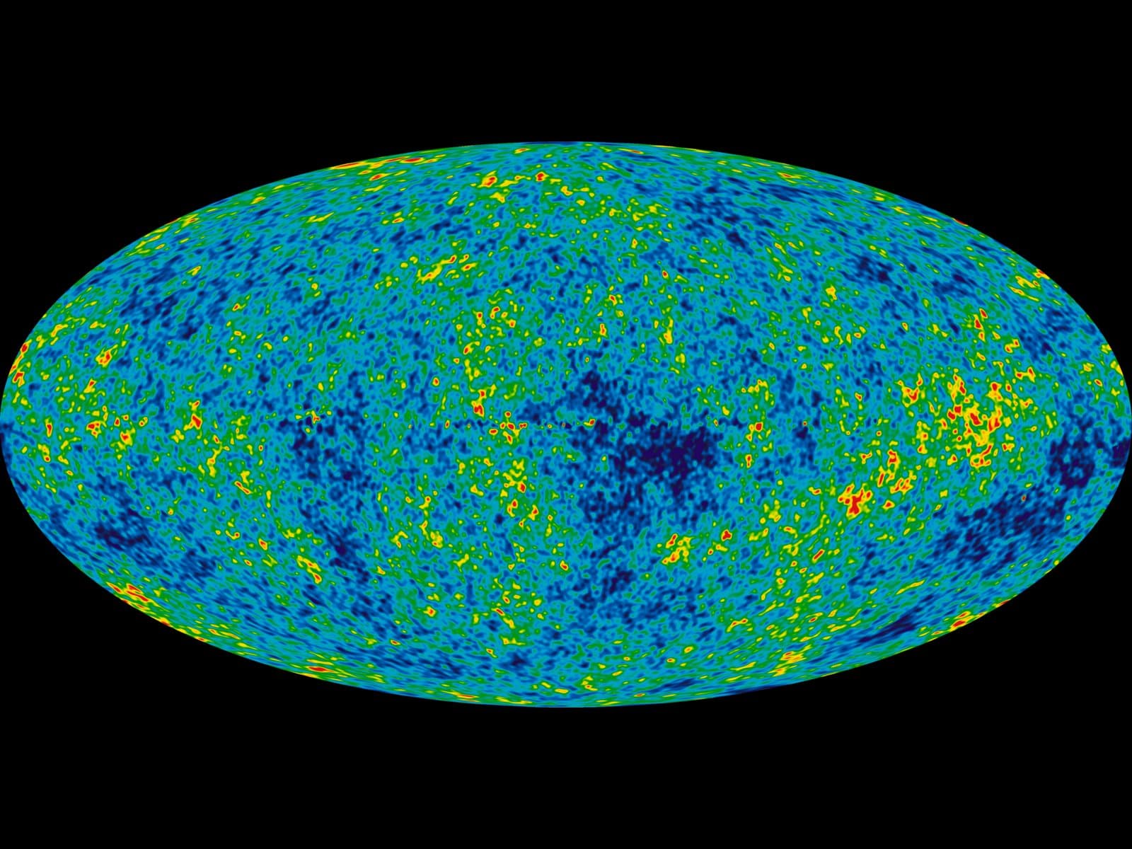 Oval all-sky map of the cosmic microwave background in blue, green, yellow, and red patches that mark tiny temperature differences.