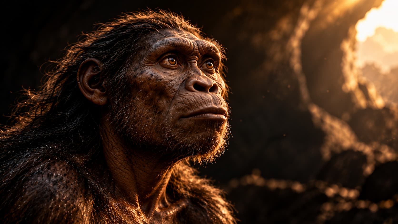 Illustration of an early human ancestor: a close view of the face of an upright, ape-like early hominin with deep-set amber eyes and a heavy brow, gazing toward warm light at a cave mouth.