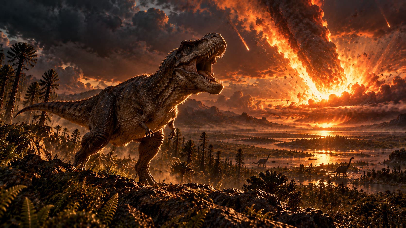 Illustration of the end-Cretaceous impact: a large predatory dinosaur roars on a rocky rise as a blazing asteroid trail and fiery plume fill the sky behind it, over a flooded plain with distant long-necked dinosaurs.