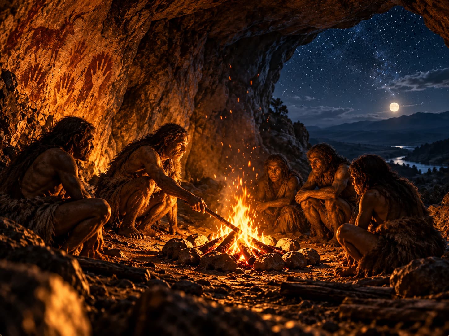 Illustration of early humans sitting around a campfire inside a cave at night, with red hand prints on the wall and a moon and stars outside.