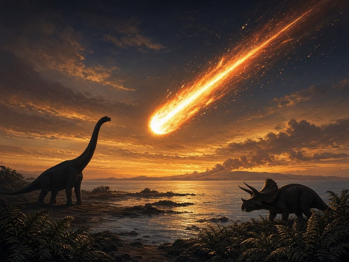 Illustration of the end-Cretaceous impact: a blazing asteroid streaks across a golden sunset sky above a long-necked sauropod and a Triceratops standing by a calm shore.