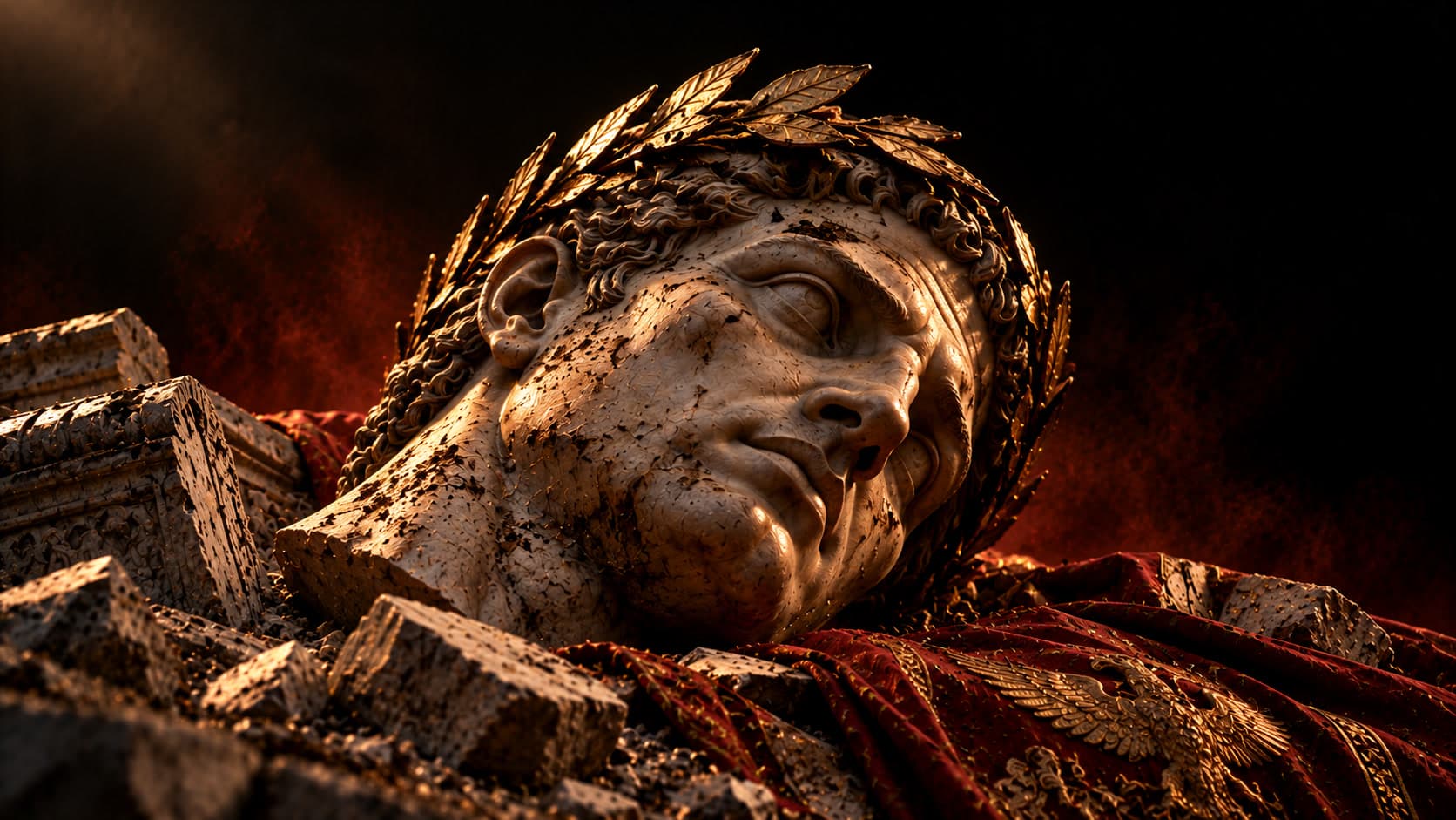 A fallen marble head crowned with a laurel wreath lies among broken masonry and red drapery under a smoldering red sky.