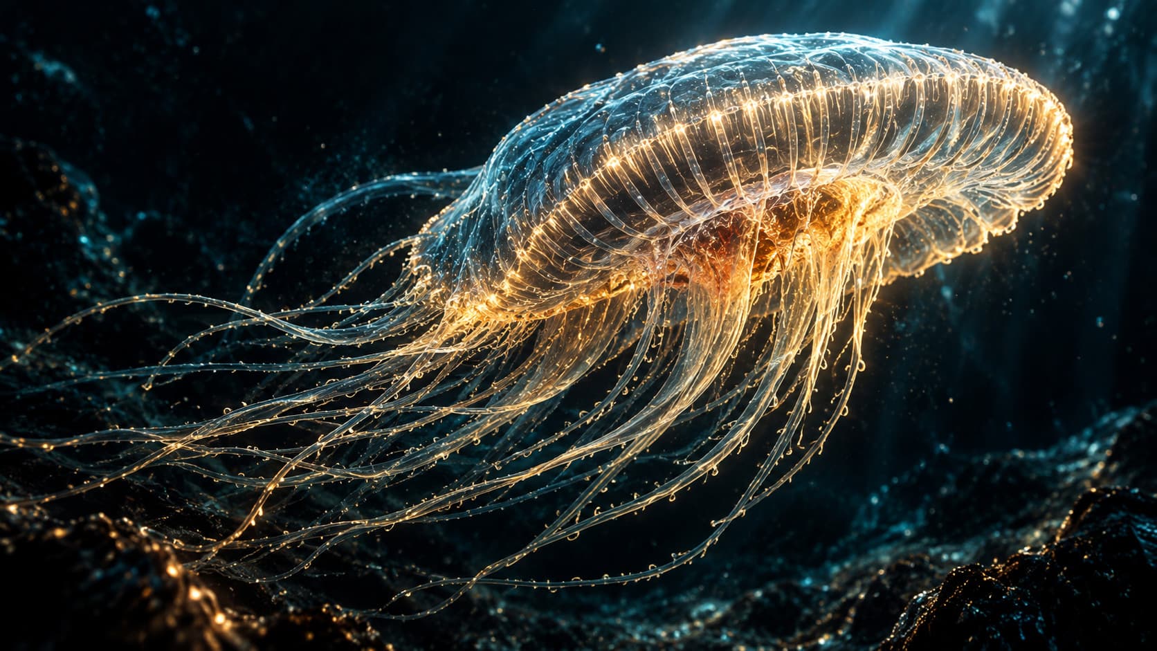 Illustration of an early animal: a translucent, jellyfish-like creature with a ribbed, glowing bell and long fine tentacles, drifting above dark seabed rock.