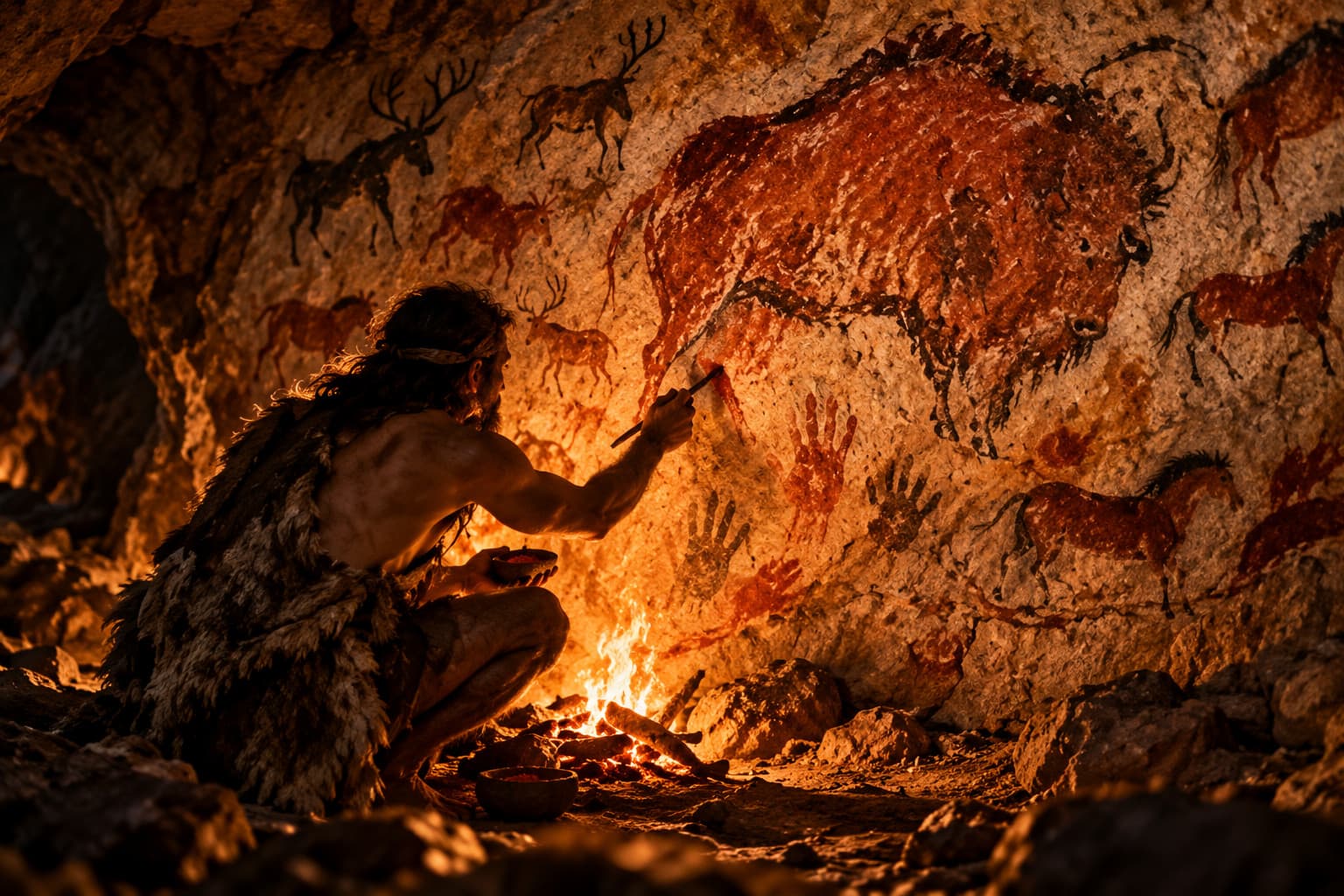 Illustration of a person in a fur garment painting a bison on a cave wall by firelight, among red animals, deer and hand prints.