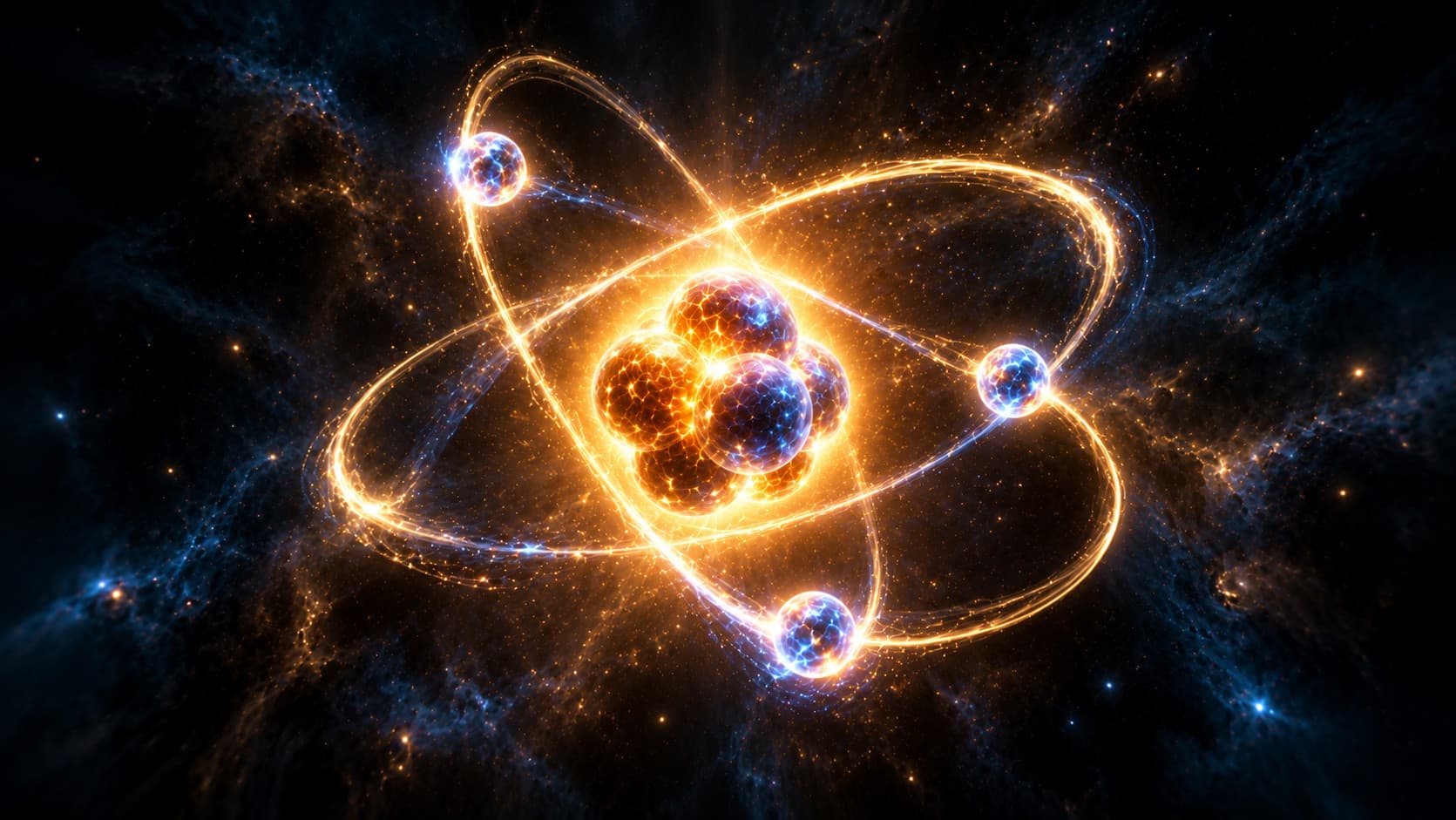 Illustration of an atom: a glowing golden nucleus of clustered particles, circled by three small bright electrons on thin elliptical orbits, against dark space with faint blue and gold haze.