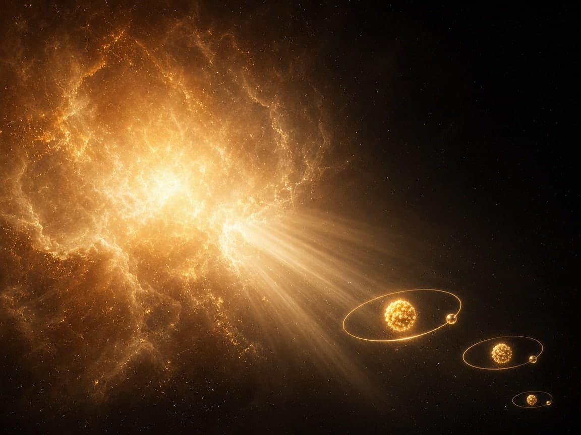 Illustration of the early universe: a glowing golden cloud of hot gas on the left thins into dark space, where three small atoms, each a bright nucleus with one electron on a thin orbit, drift to the right.
