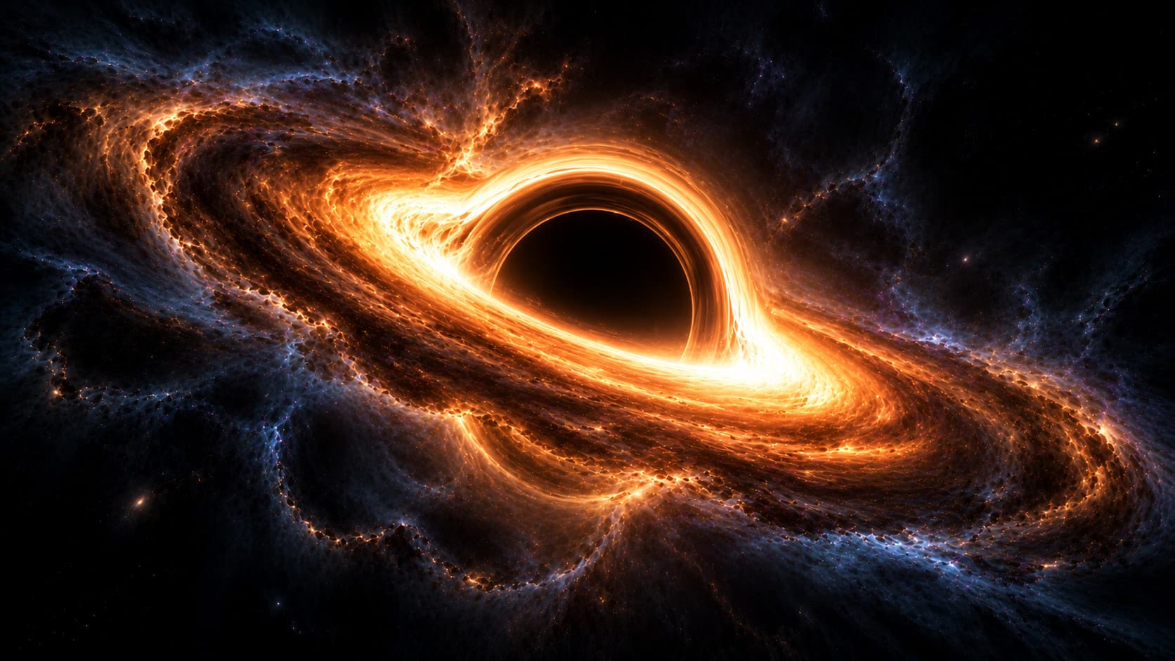 Illustration of a black hole: a dark sphere ringed by a bright gold accretion disk, with the glow of the disk bending over its top, in dark space.