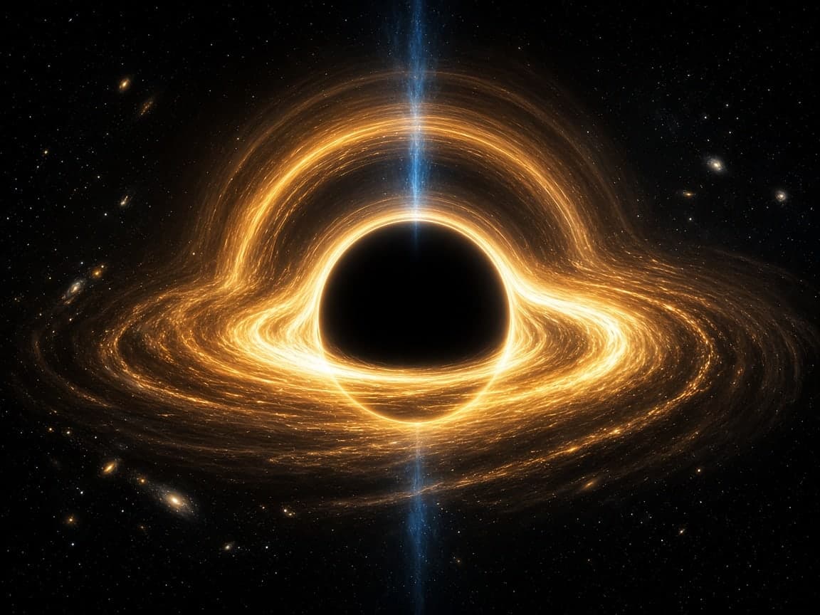 Illustration of a young supermassive black hole: a black sphere ringed by a bright gold accretion disk, with a thin blue jet of energy above and below it and tiny distant galaxies in the dark.