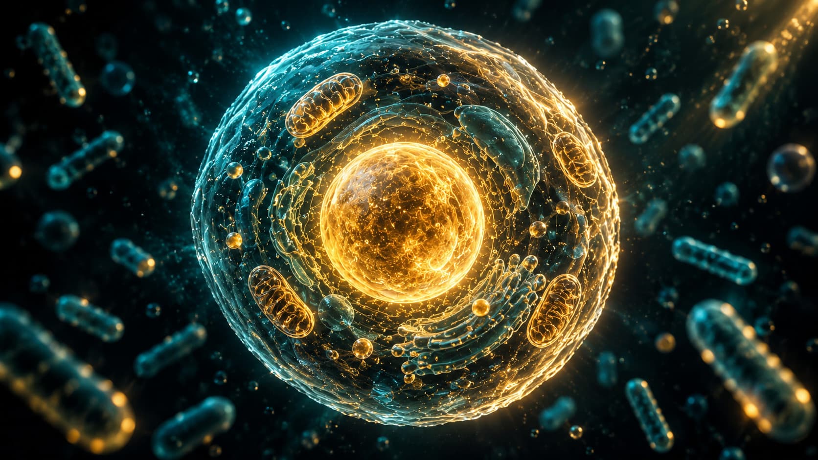 Illustration of an early eukaryotic cell: a rounded, translucent cell with a glowing golden nucleus and small mitochondria inside it, surrounded by rod-shaped bacteria drifting in dark water.