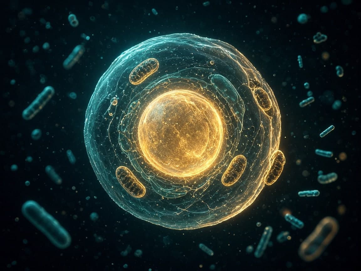 Illustration of an early eukaryotic cell: a rounded, translucent cell with a glowing golden nucleus and small mitochondria inside it, surrounded by rod-shaped bacteria drifting in dark water.