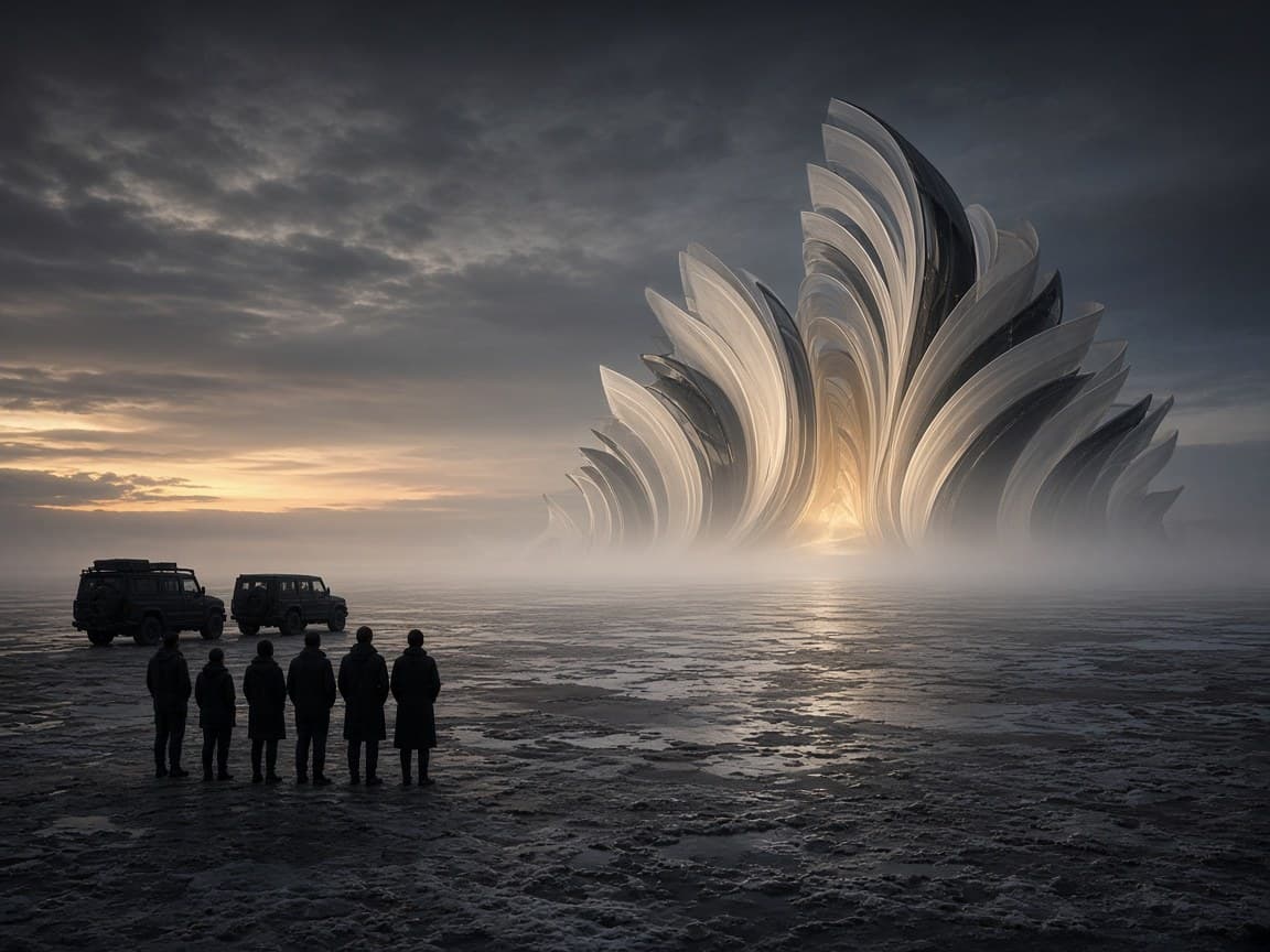 A small group of people and two vehicles stand on a misty salt flat at dusk, facing a towering formation of curved ivory and dark glass ribbons.