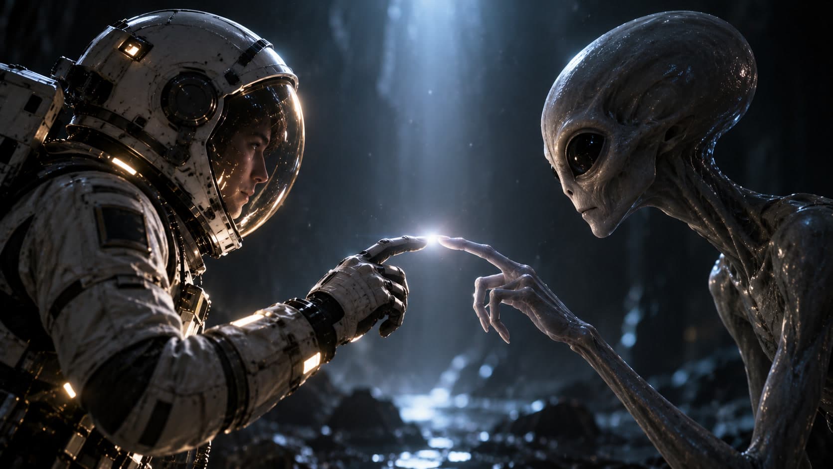 An astronaut in a white spacesuit and a tall gray alien reach toward each other until their fingertips almost touch at a small point of light, in a dark cave.
