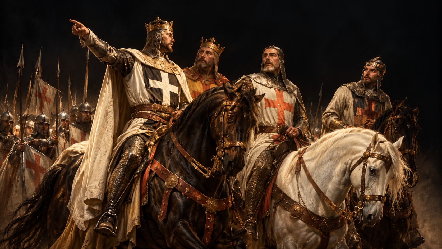Crusader knights in white surcoats with red crosses ride armored horses, with banners and a host of men behind them.
