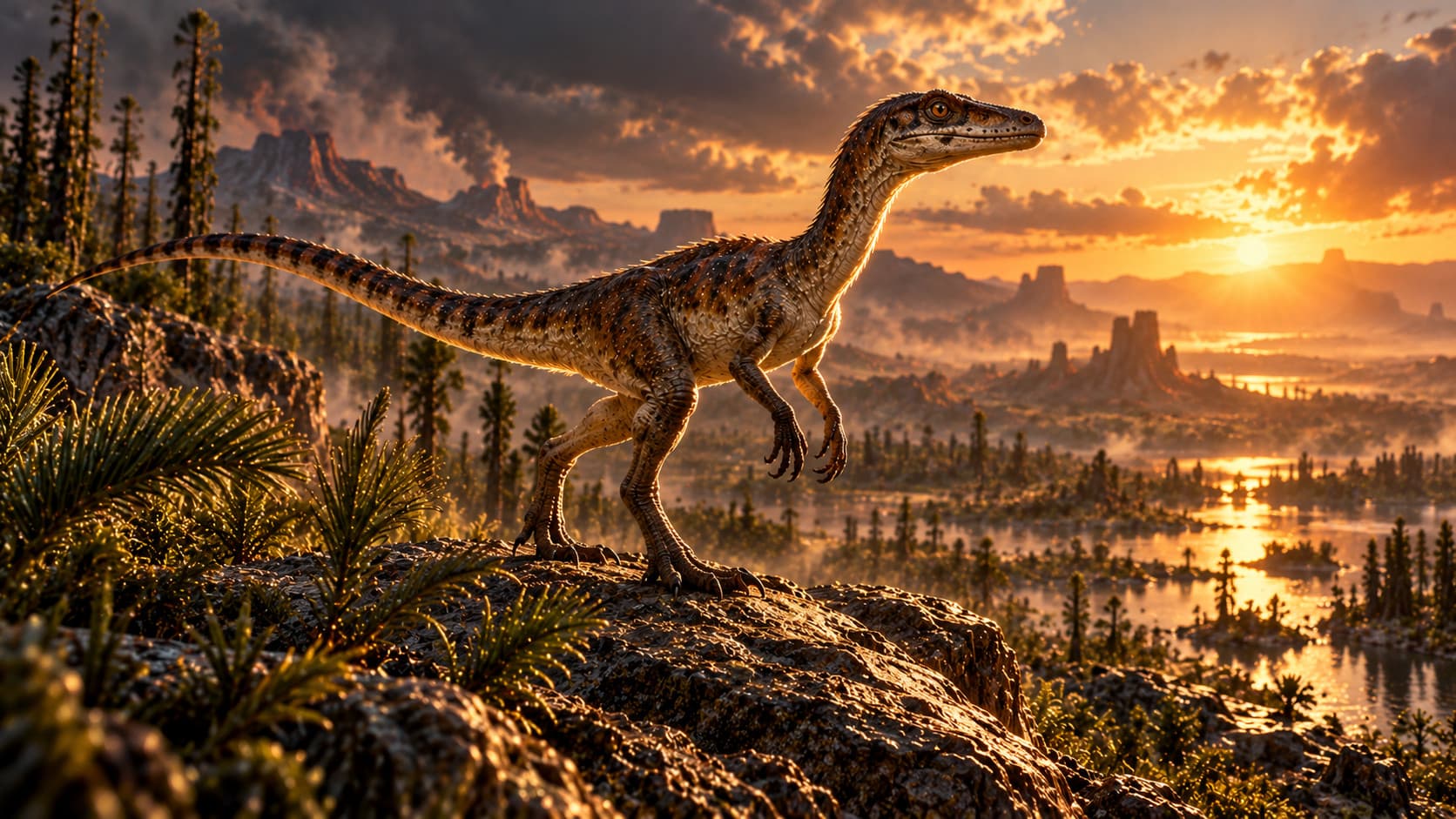 Illustration of a small, slender, two-legged dinosaur with a long banded tail standing on a rock above a misty wetland at sunrise, with palm-like plants and flat-topped hills behind it.