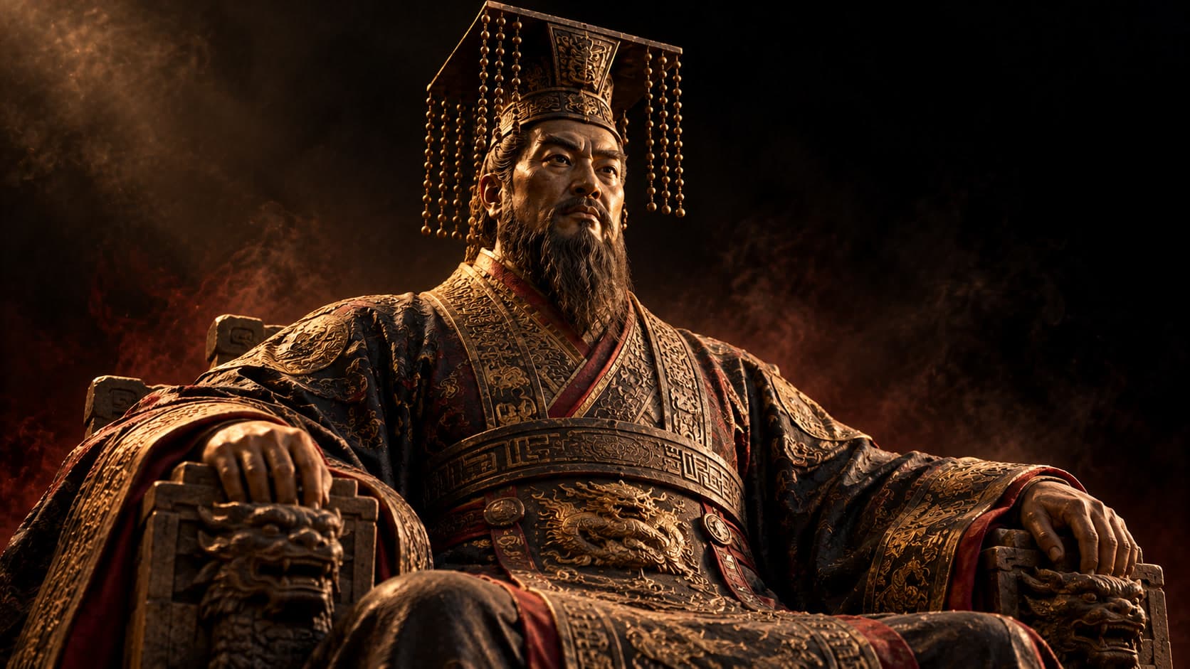 An imagined seated emperor in ornate dark robes and a tasseled crown, surrounded by a smoky red glow.
