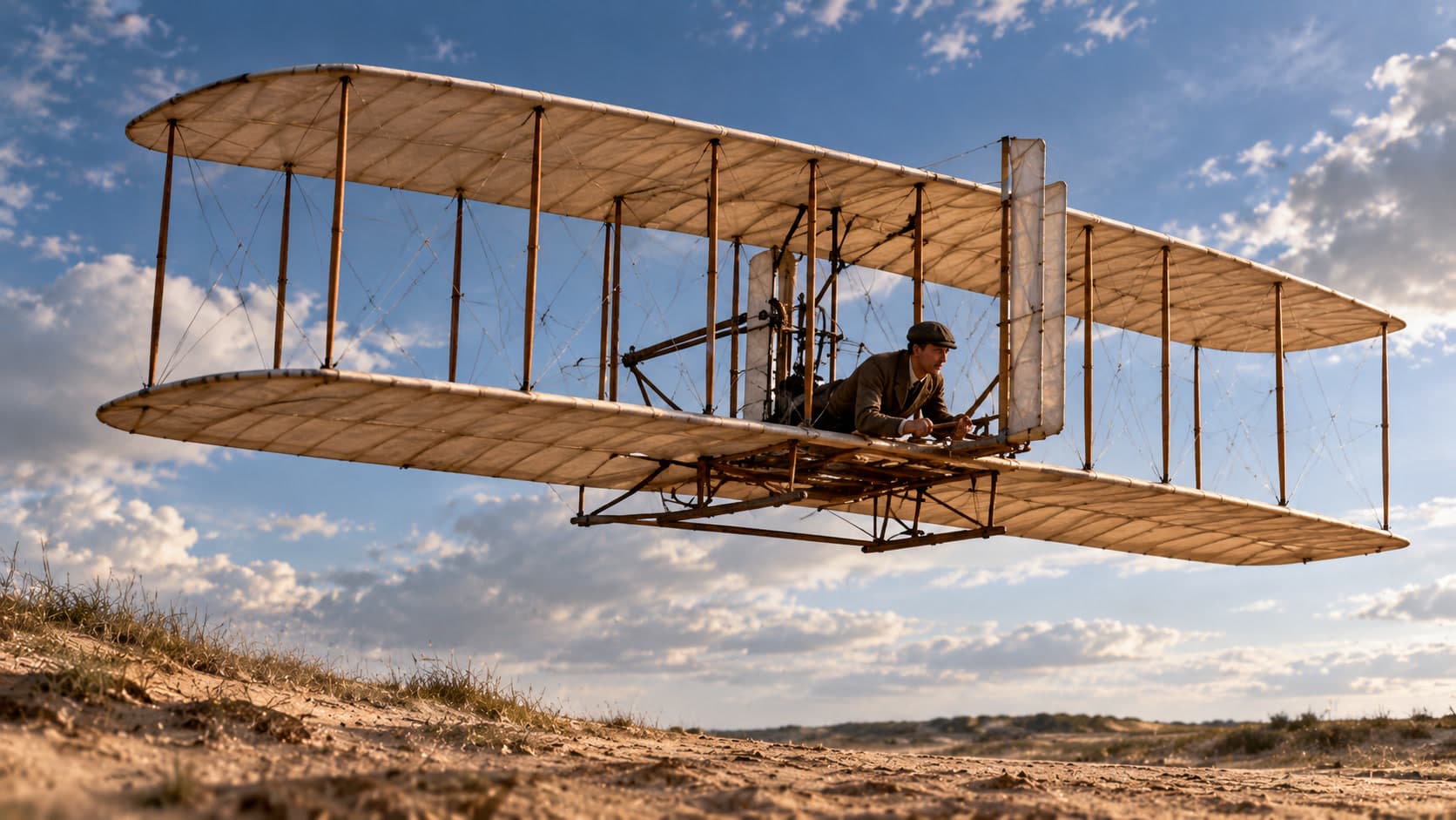 A wooden biplane with fabric wings and a pilot at the controls flies low above sand dunes under a blue sky with clouds.