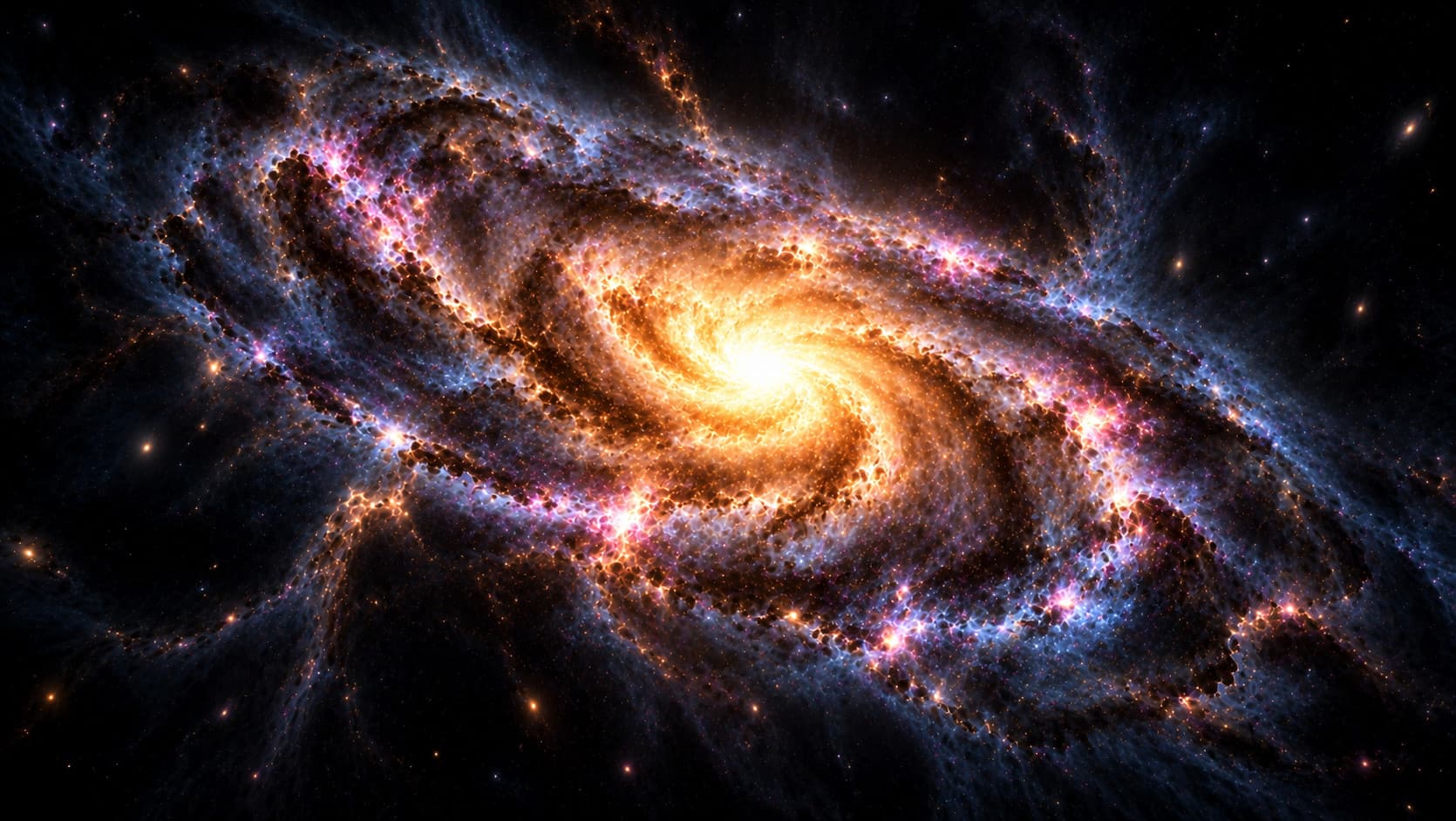 Illustration of a young spiral galaxy: a bright golden core with swirling arms of dust and pink and blue star clusters, in dark space.