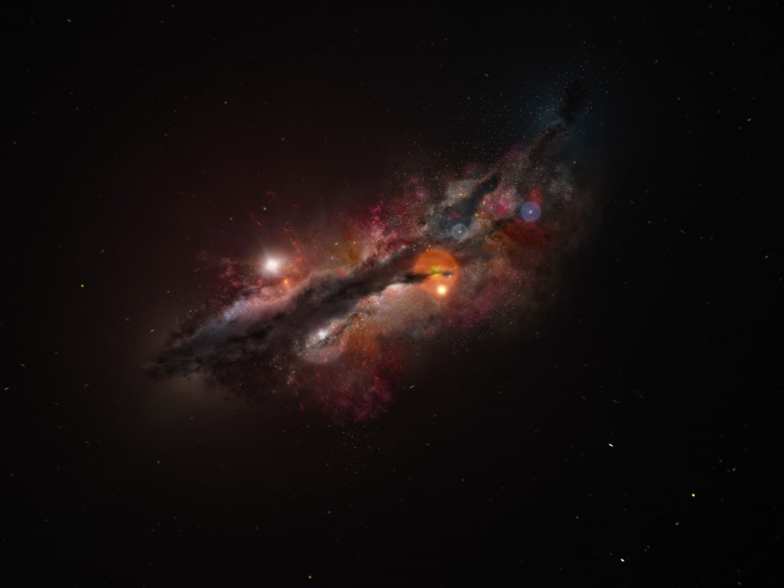 Artist’s impression of a young, clumpy galaxy seen edge-on against black space, a ragged band of red, orange, and blue dust and glowing stars.