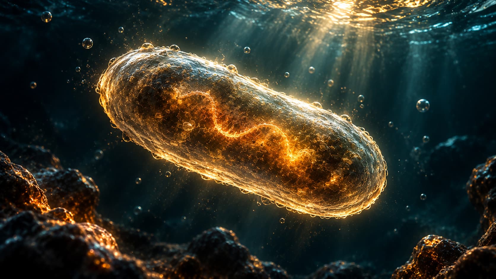 Illustration of a single glowing microbe: a rod-shaped cell with a golden, wavy strand inside it, drifting in dark blue water lit from above, with small bubbles and dark rock below.
