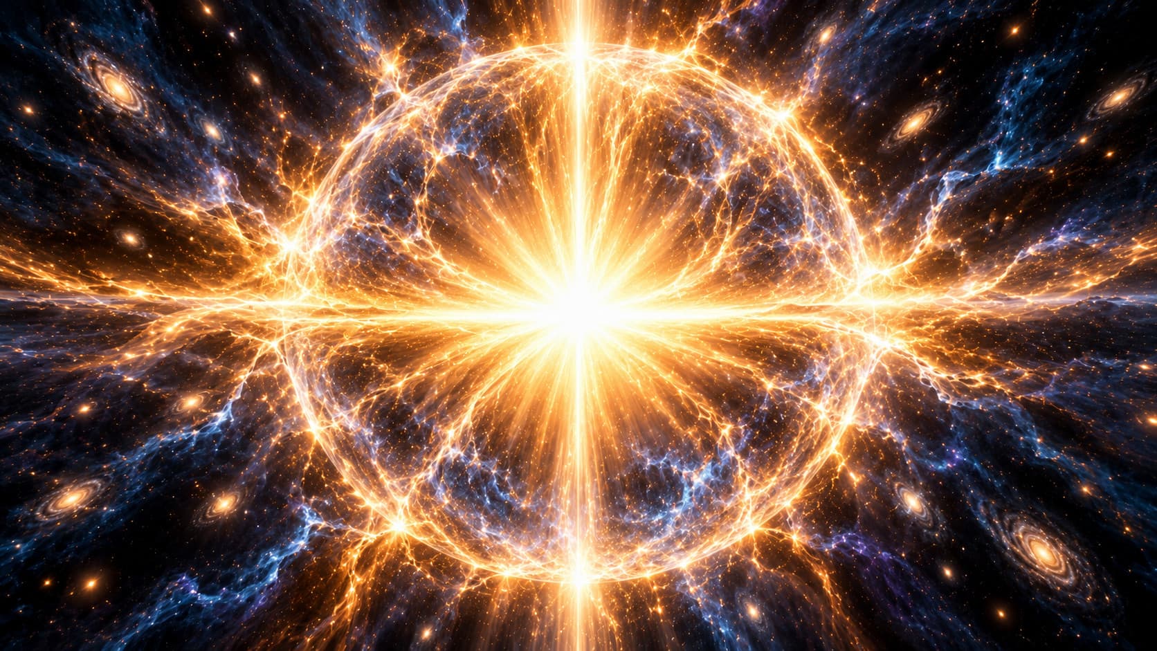 Illustration of the first light of the universe: a glowing golden sphere with a blinding white center, fine bright filaments spreading outward through dark space, and distant galaxies in the corners.