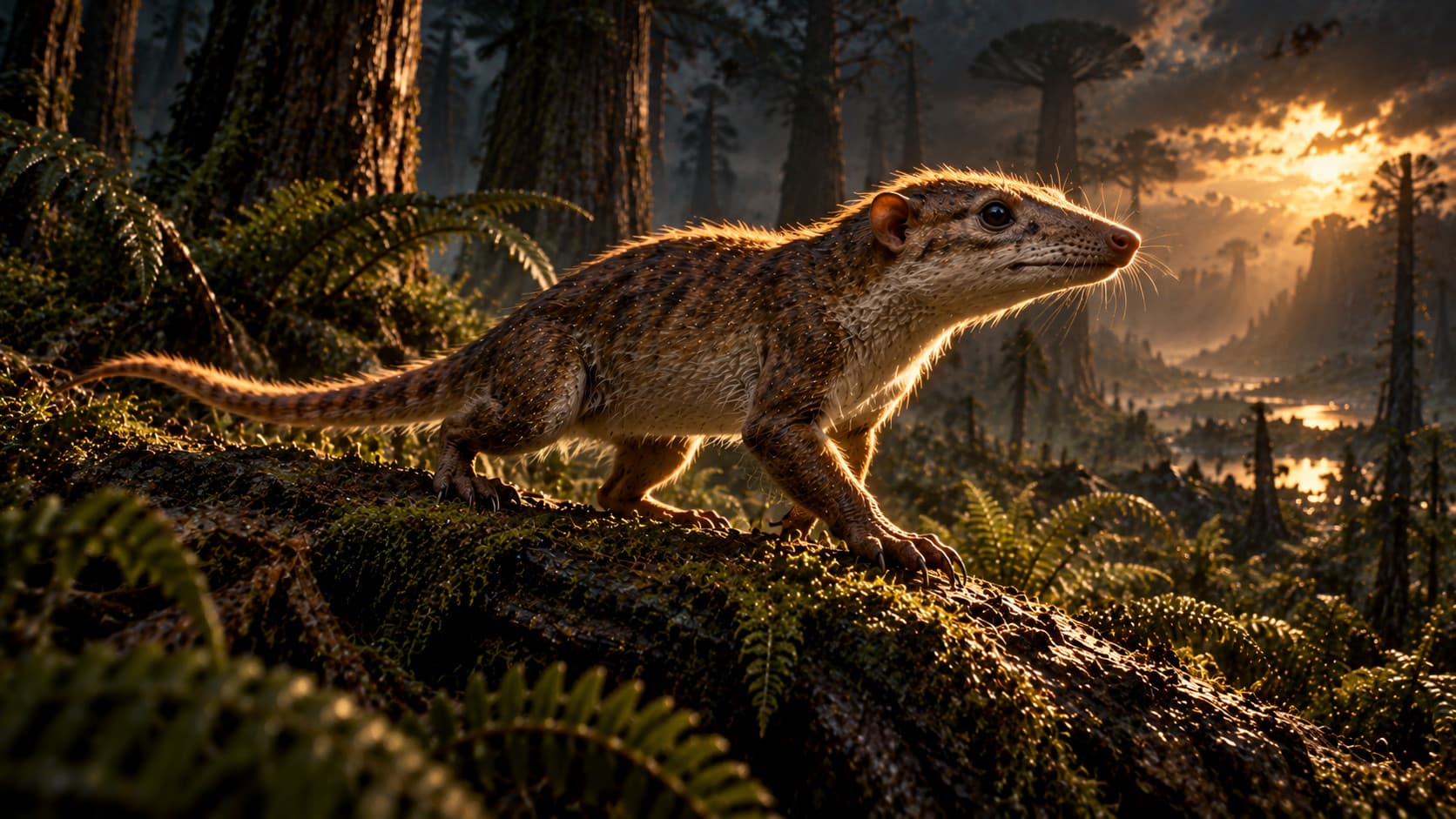 Illustration of a small, shrew-like early mammal with a pointed snout and a long tail, walking along a mossy log in a misty forest at sunset, among ferns and tall conifers.