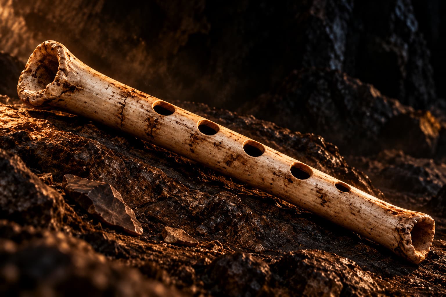 Illustration of an ancient bone flute with several finger holes lying on dark rock, lit by warm light.