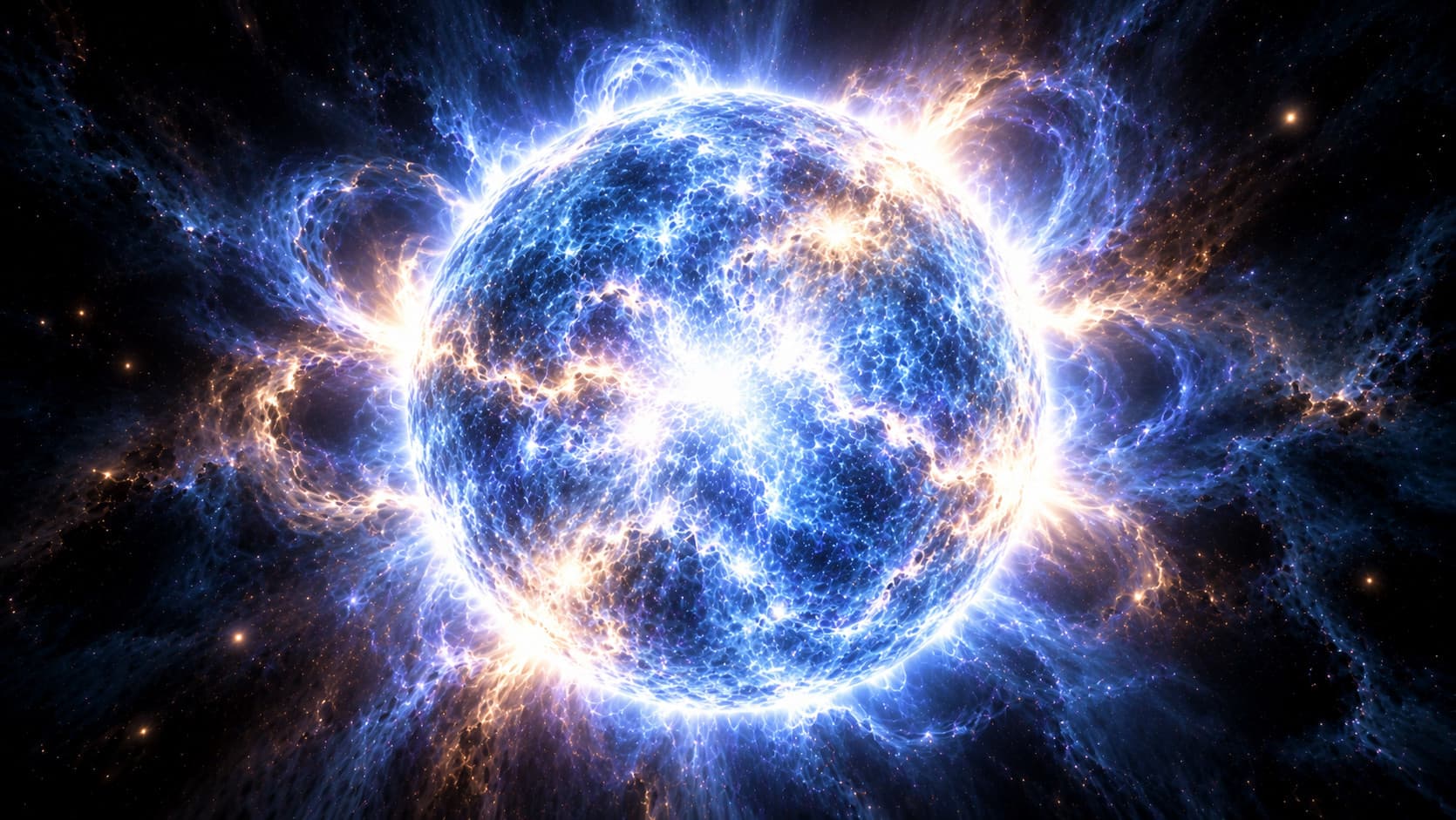 Illustration of a star: a glowing blue-white sphere with a mottled surface, with arcs of gold and blue plasma streaming from its edge into dark space.